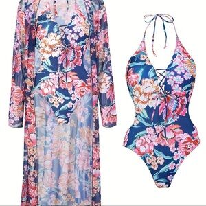 Women’s Cupshe Blue and Pink One Piece Swimsuit with matching cover-up